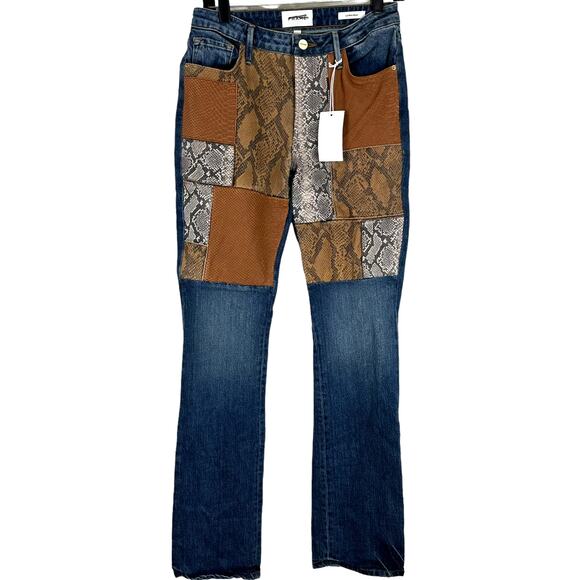 Frame NWT Le Mini Boot Snakeskin Leather Patchwork Front Jeans Size 25 Mid Rise - Picture 2 of 12